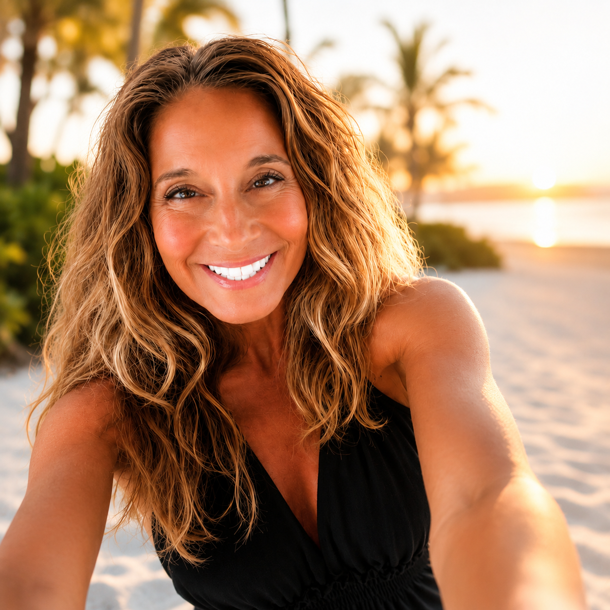Nora Day smiling at sunset by the ocean
