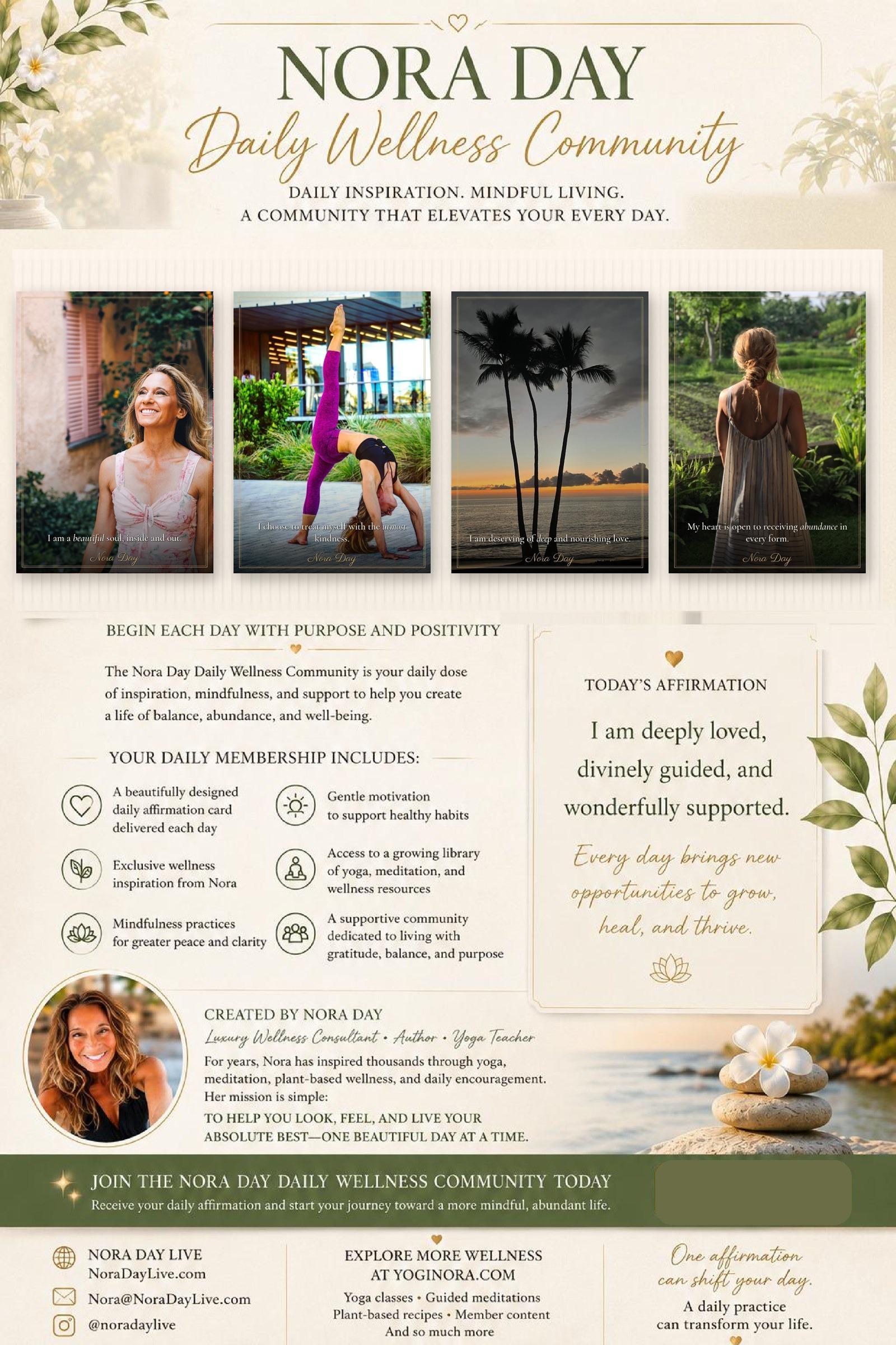 Nora Day Daily Wellness Community — daily inspiration, mindful living, affirmation cards, and membership benefits