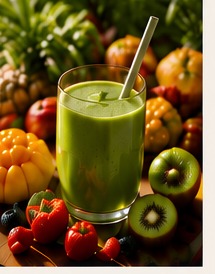 A fresh green superfood smoothie surrounded by fruit