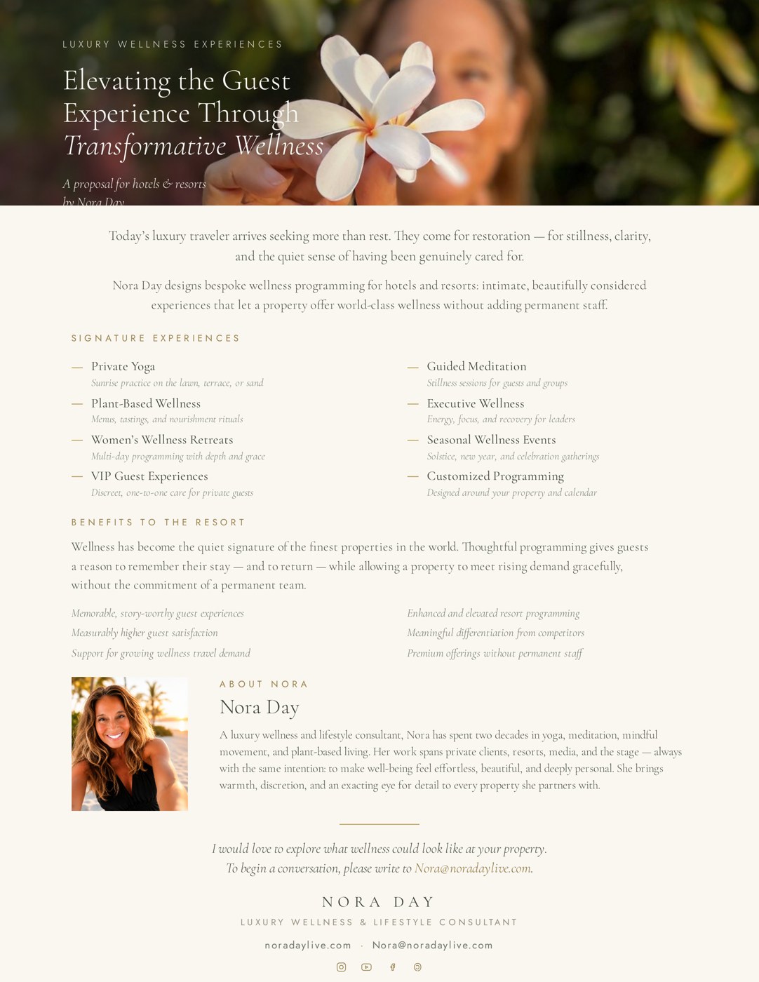 Preview of the Luxury Wellness Experiences by Nora Day one-page proposal
